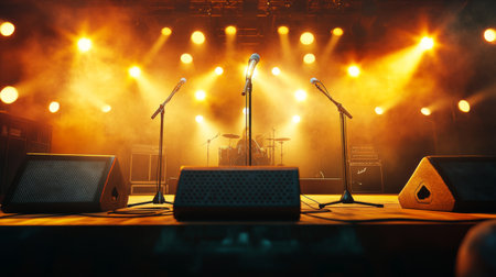 A vibrant live band performance stage scene showcasing microphones and amplifiers under illuminated lights. Perfect for music and event themes.の素材