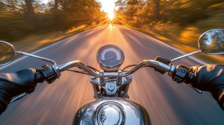 A captivating view of a motorcyclist riding down an open road at sunset, showcasing the beauty of nature and the thrill of adventure. The golden sunlight enhances the vibrant scene, highlighting freedom and exploration.の素材