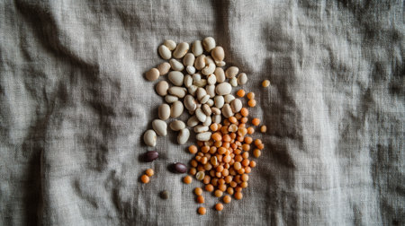 A flat arrangement of various dried beans scattered on a textured fabric background. The diverse colors and shapes create a visually appealing natural composition.の素材