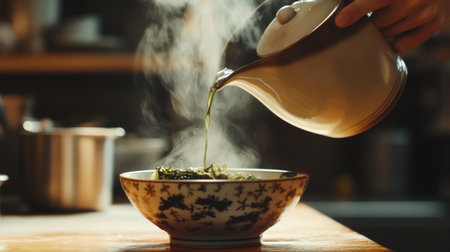 A hand elegantly pours steaming hot seaweed soup into a beautifully designed bowl, highlighting the warmth and aroma of homemade cuisine. Perfect for food enthusiasts.の素材