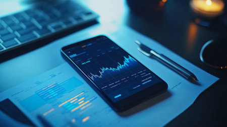 A close-up view of a smartphone displaying a financial chart, showcasing market trends and data analysis for investment decisions in a modern workspace.の素材