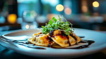 A stunning presentation of gourmet ravioli served on a stylish plate, garnished with fresh herbs and drizzled with sauce, showcasing upscale dining artistry and culinary excellence.の素材