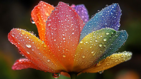 A stunning macro shot of a colorful flower adorned with glistening dew drops, showcasing vibrant petals that capture the essence of nature's beauty.の素材