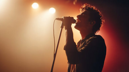 A passionate singer captivates the audience on stage, holding a microphone. The dramatic lighting sets a vibrant atmosphere, enhancing the emotional performance.の素材