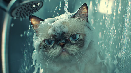 A slightly grumpy cat is gently rinsed under running water, showcasing a playful yet unamused expression. Perfect for pet care and humorous themes.の素材