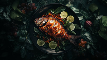 Enjoy a beautifully presented deep fried fish, crisp and golden, accompanied by fresh herbs, lime, and colorful vegetables, perfect for any gourmet meal.の素材