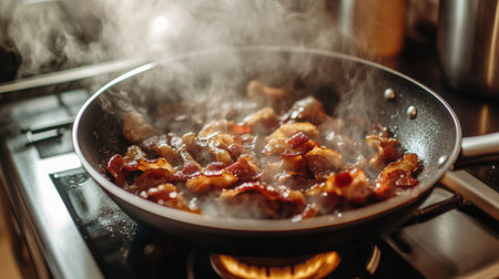 A mouthwatering scene of crispy bacon strips sizzling in a hot pan, releasing steam and aromas. Perfect for food enthusiasts and breakfast lovers.の素材