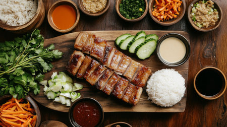 A rustic wooden table set perfectly for a feast, featuring a delightful spread of fresh ingredients, vibrant dishes, and savory flavors, ideal for gathering and sharing.の素材