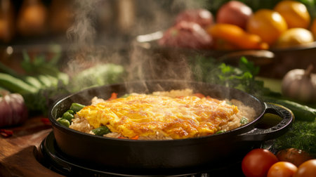 A steaming bowl of rice topped with a golden brown omelet, showcasing vibrant colors and fresh vegetables, perfect for a delicious meal.の素材