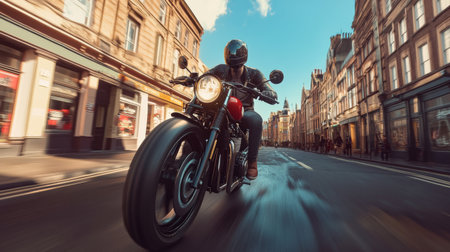 A stylish rider on a classic motorcycle cruises through a vibrant urban setting, capturing the essence of freedom and adventure in motion, showcasing both speed and lifestyle.の素材