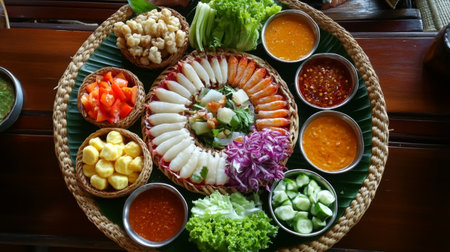 A vibrant overhead shot showcasing a variety of fresh dishes served on a traditional platter, perfect for sharing during gatherings or special occasions.の素材