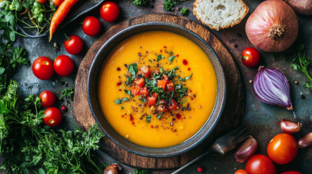 This overhead shot showcases a delicious soup surrounded by vibrant fresh ingredients, perfect for culinary inspiration in home cooking or recipe sharing.の素材