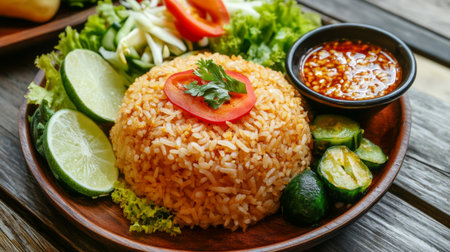 A rustic wooden table setting showcases a flavorful meal featuring rice, fresh vegetables, and a savory sauce, perfect for a wholesome dining experience.の素材