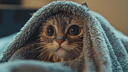 This charming image features a fluffy cat wrapped in a soft towel after a bath, showcasing its big eyes and adorable expression, perfect for pet lovers.の素材