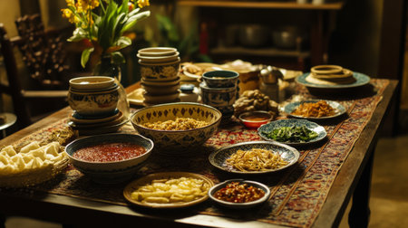 A vibrant dining table set with various colorful bowls filled with food. The arrangement features elegant ceramics, fresh flowers, and a warm ambiance ideal for gatherings.の素材