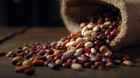 A captivating artistic shot featuring a variety of beans being poured from a burlap sack. This image highlights the natural textures and colors of fresh grains, perfect for culinary and food-related projects.の素材