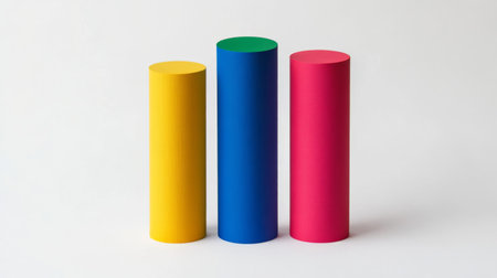 This minimalist 3D bar graph features tall solid color bars in vibrant shades. Ideal for visualizing data in a modern and simple design. Perfect for presentations.の素材