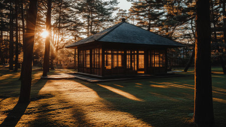 An artistic shot of a traditional Japanese house during sunset, surrounded by trees. The warm light creates a serene and picturesque atmosphere. Perfect for nature and architecture themes.の素材