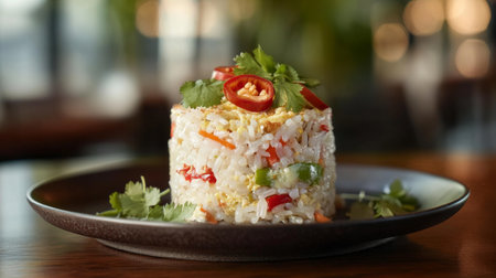 A stunning presentation of omelet rice garnished with fresh herbs and chili slices, showcasing vibrant colors and textures. Perfect for culinary enjoyment.の素材
