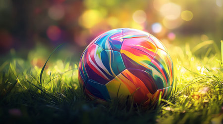 A colorful soccer ball resting on vibrant grass captures a playful moment in the sun. The bright patterns and lively setting evoke a sense of fun and energy.の素材