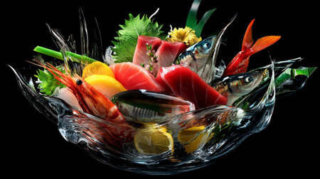 This artistic sashimi dish features a vibrant array of fresh seafood and garnishes, presented elegantly against a stark black background, perfect for food enthusiasts.の素材