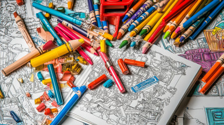 Explore a vibrant overhead view of a colorful assortment of crayons and art supplies, perfect for inspiring creativity and artistic expression.の素材