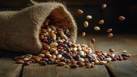 An artistic shot capturing various beans pouring from a burlap sack onto a wooden surface, showcasing their vibrant colors and natural texture. Perfect for food and culinary projects.の素材