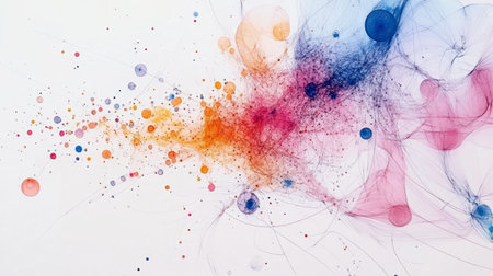 Explore a vibrant and artistic visualization featuring a colorful interactive data flow graph. This dynamic design showcases various nodes and connections, perfect for modern presentations.の素材