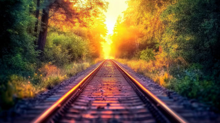 Electric train tracks stretch into a vibrant sunset, surrounded by lush greenery. This scenic view captures the essence of a peaceful journey through nature.の素材