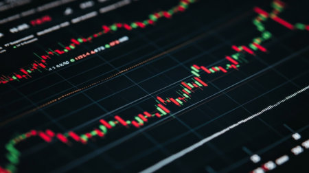 A detailed close-up view of a candlestick chart displaying stock data. The graphic illustrates financial trends with vibrant colors, aiding data analysis.の素材