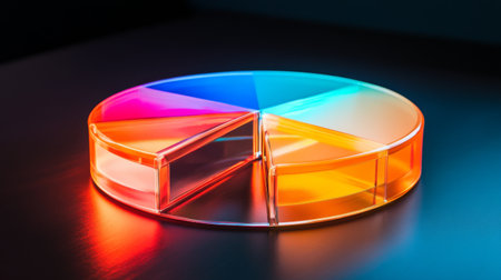This vibrant 3D pie chart features bright colorful slices, ideal for visualizing data and statistics in an engaging way. Perfect for presentations and infographics.の素材