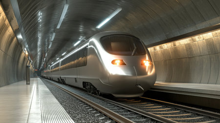 A sleek, futuristic electric train awaits passengers in a modern underground station. The design showcases innovative architecture and advanced transport technology.の素材