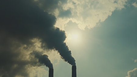 Captivating view of billowing smoke from industrial smokestacks against a dramatic sky, highlighting pollution's impact on the environment and atmosphere.の素材
