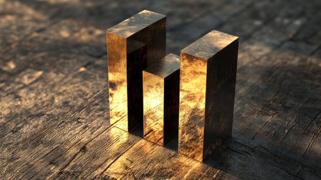 A striking composition of three golden shapes resting on a wooden surface, capturing reflections and light for an elegant and modern aesthetic.の素材