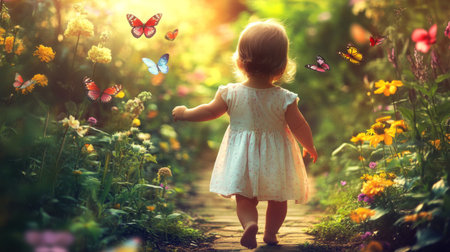 A young child walks down a flower-filled path, surrounded by butterflies and bathed in sunlight, symbolizing joy, innocence, and the beauty of nature.の素材