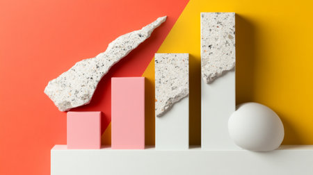 This abstract composition features a growth graph with colorful blocks, a stone, and an egg on a vibrant background, symbolizing creativity and progress.の素材