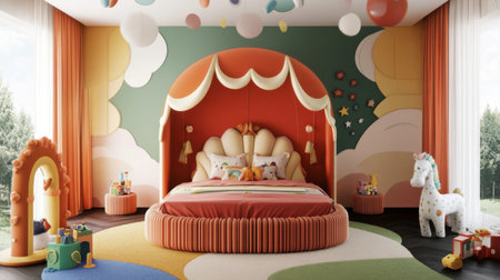 A vibrant children's bedroom featuring a playful design with colorful accents and whimsical elements. Ideal for inspiration in modern decor.の素材
