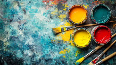 Vibrant paint cans and brushes are arranged on a textured background, showcasing a creative workspace perfect for artists and crafters.の素材