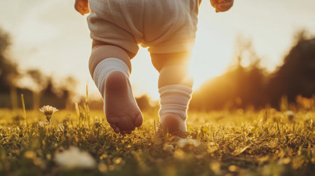 A baby takes its first steps on soft grass during a warm summer evening, surrounded by nature's beauty, capturing the essence of childhood innocence and joy.の素材