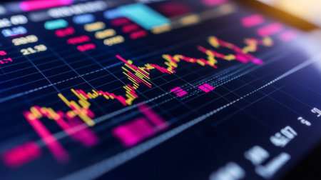 Captivating visualization of stock market data on a digital screen, showcasing vibrant colors and dynamic trends, perfect for finance-related projects.の素材