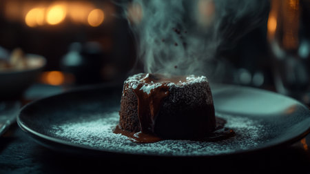 A mouthwatering chocolate lava cake sits on a dark plate, exuding warmth and delicious steam. Sprinkled with powdered sugar, it promises a rich flavor experience.の素材