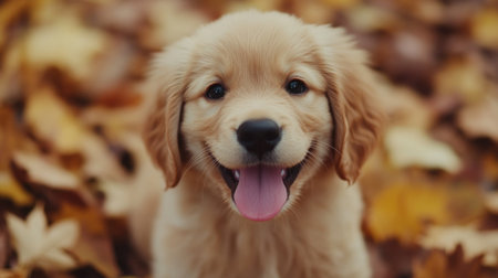 A cheerful golden retriever puppy smiles amidst vibrant autumn leaves, capturing the essence of youthful joy and playfulness in a picturesque outdoor setting.の素材