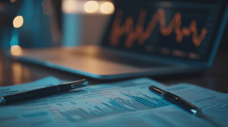 A closeup view of business reports and pens on a desk with a laptop displaying graphs. This image captures the essence of modern finance and analysis.の素材