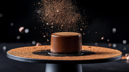 A stunning chocolate dessert crowned with a dusting of cocoa, showcasing rich textures and elegant presentation, perfect for gourmet occasions.の素材