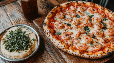 A mouthwatering shrimp pizza topped with fresh herbs on a rustic wooden table, accompanied by a refreshing drink, perfect for a casual dining experience.の素材