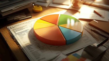 A vibrant pie chart rests on a wooden desk surrounded by office documents, showcasing data analysis and business insights in a creative workspace.の素材