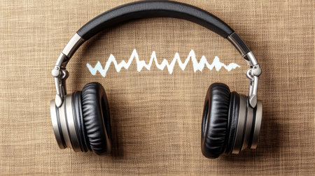 Stylish headphones rest on a textured background, paired with sound waves, symbolizing modern audio technology and the joy of music listening.の素材