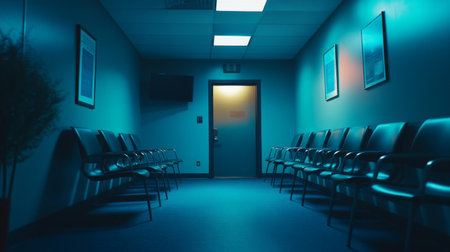 A serene and empty hallway featuring chairs aligned under soft blue lighting. This tranquil scene evokes feelings of solitude and quiet reflection in an indoor space.の素材