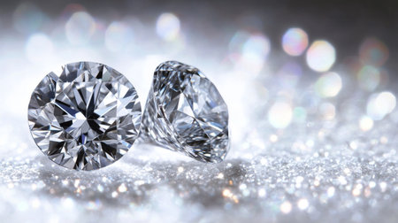 Stunning close-up of two sparkling diamonds on a glittering background, showcasing their brilliance and clarity. Perfect for luxury and jewelry themes.の素材