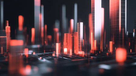 A striking futuristic cityscape featuring glowing red highlights against a dark background, showcasing urban technology and modern architecture.の素材